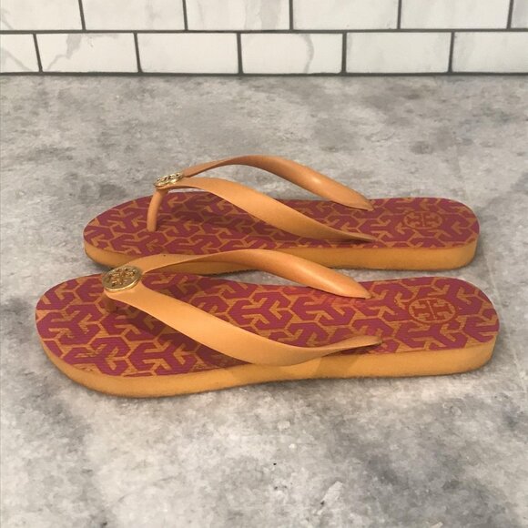 Tory Burch Sandals Womens EU 39 Us 9 Orange Pink Flip Flop Shoes Logo Medallion - Picture 1 of 9